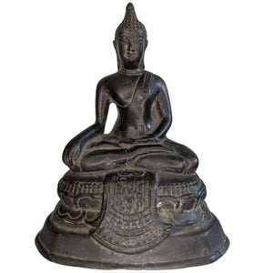 Titre Shopify : Statue de Bouddha thaïlandais en bronze antique – Style Sukhothai – Bhumisparsha Mudra – 20,5 cm