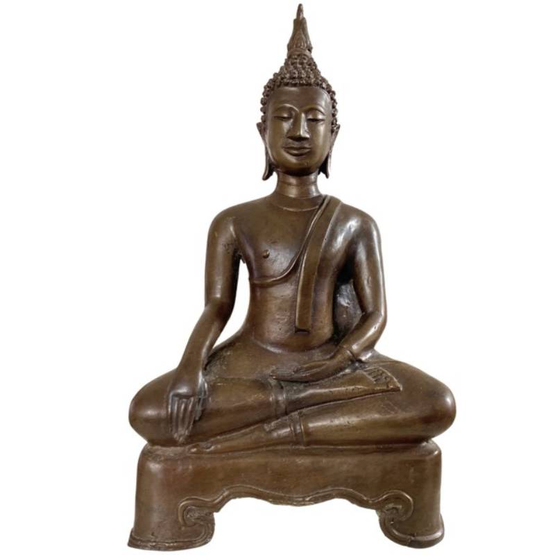 Thai bronze Buddha in Bhumisparsha pose with natural patina