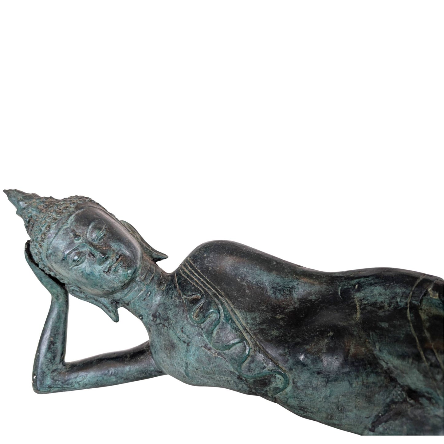 Detail of a breast ornament on an antique bronze reclining Buddha from Thailand