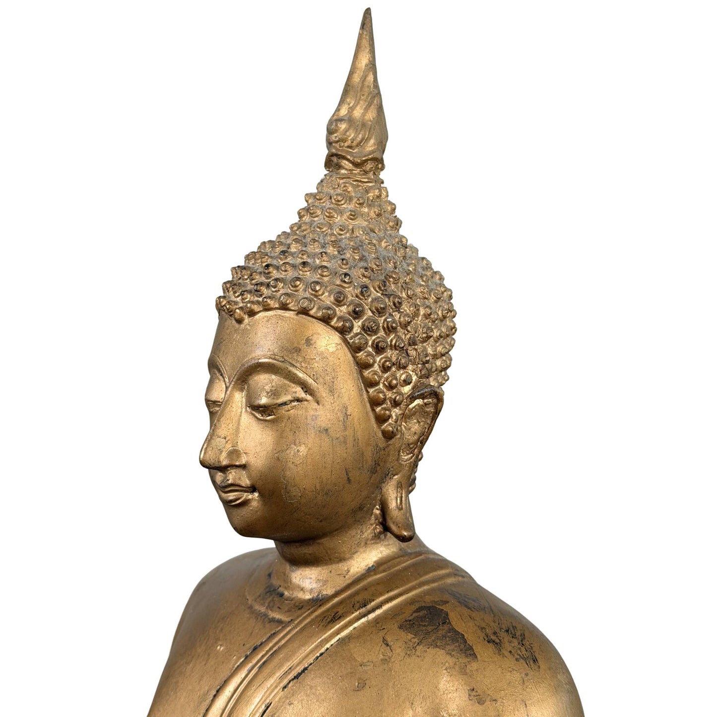 Thai Buddha with classic lotus base and antique gilded appearance