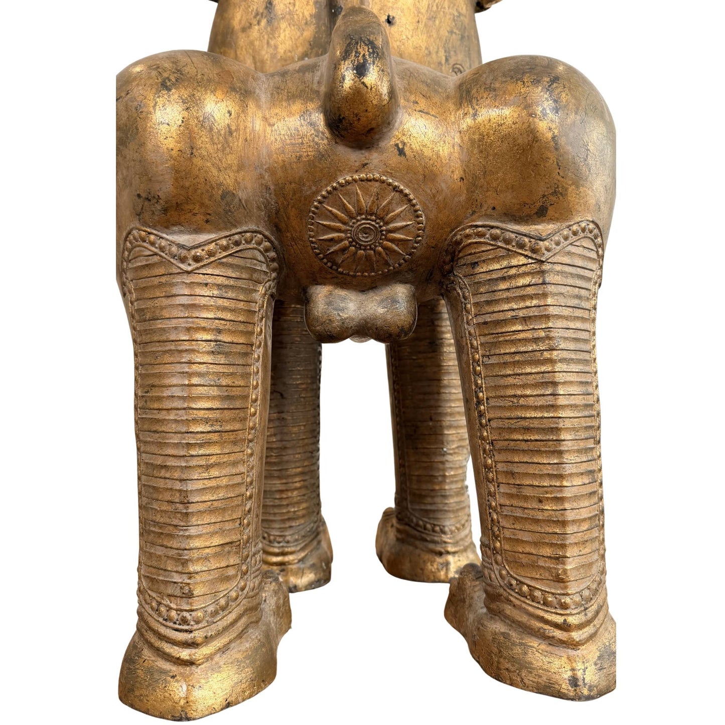 Thai Buddhist lion in bronze, antique gilded temple guardian with an impressive presence