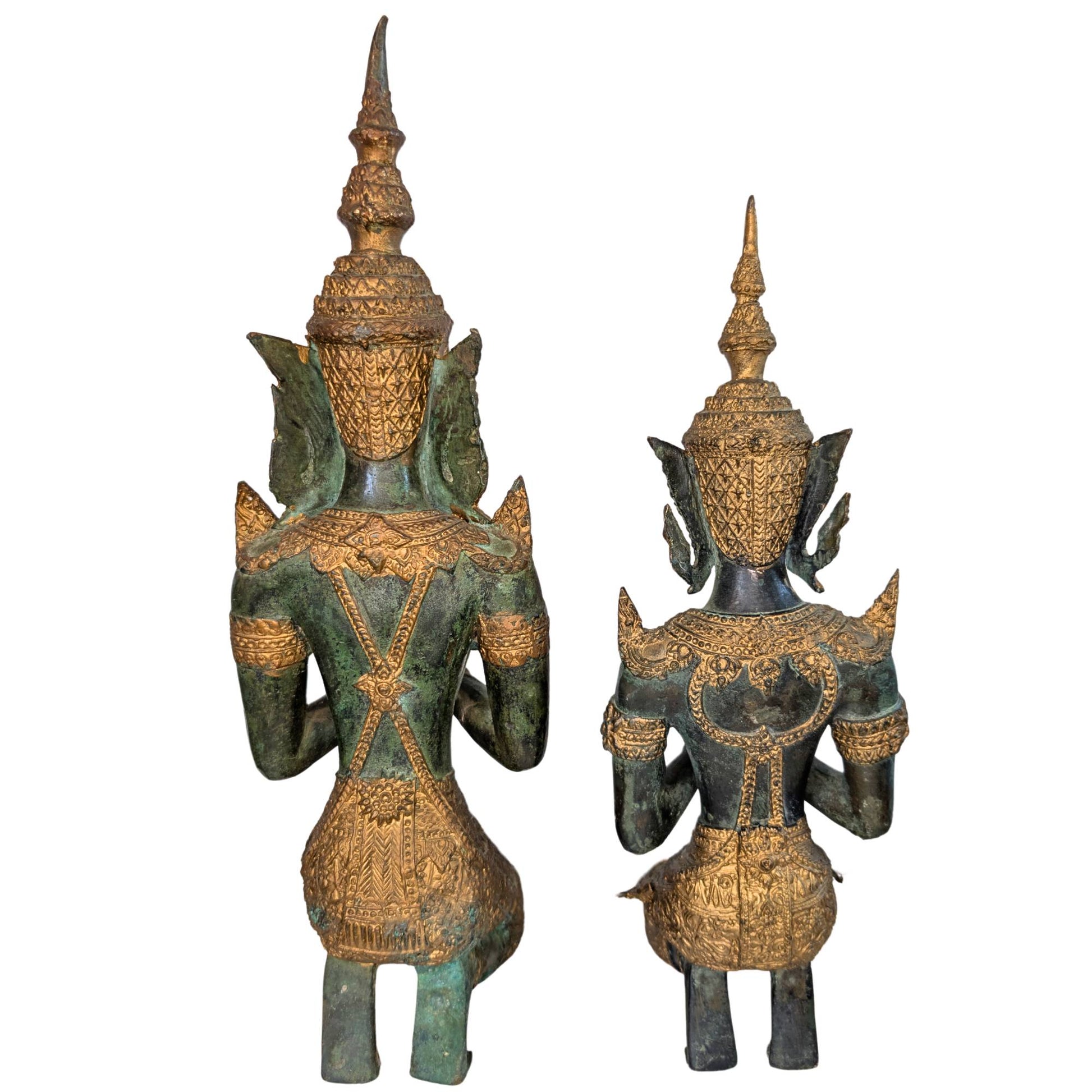 Thai bronze statues with gilding and green patina detail