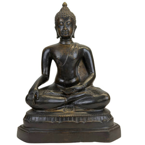 Bouddha en bronze thaïlandais en Bhumisparsha Mudra – Patine foncée