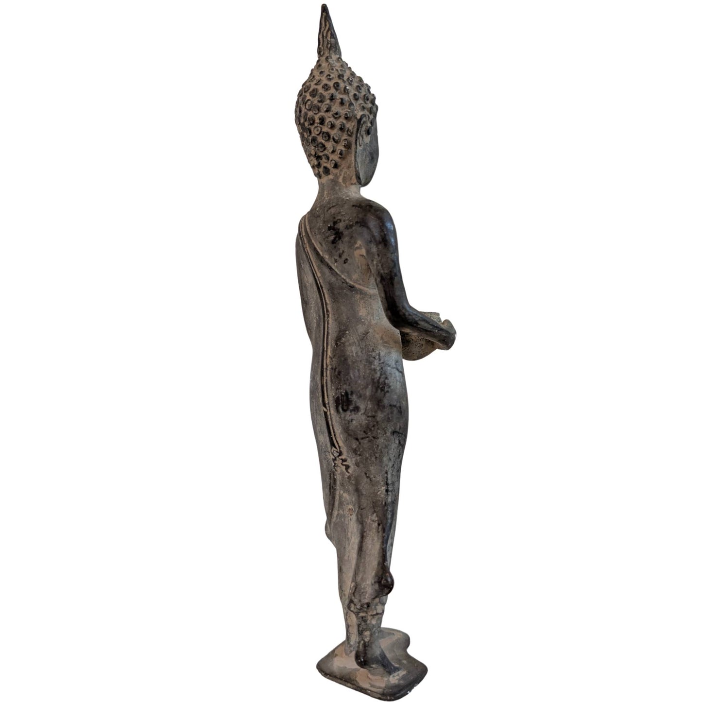 Standing bronze Shakyamuni Buddha from Thailand with alms bowl on a white background.