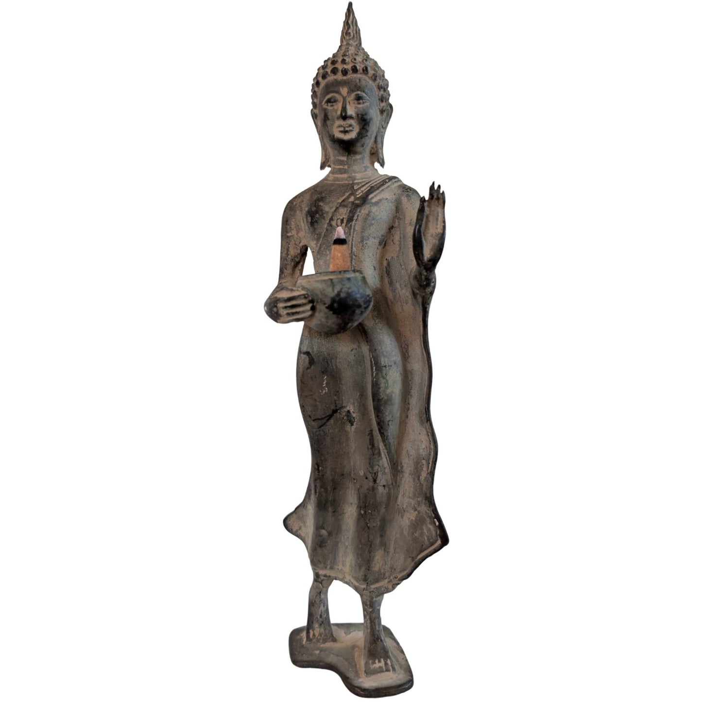 Front view of a 29 cm tall Thai bronze Buddha carrying an alms bowl.