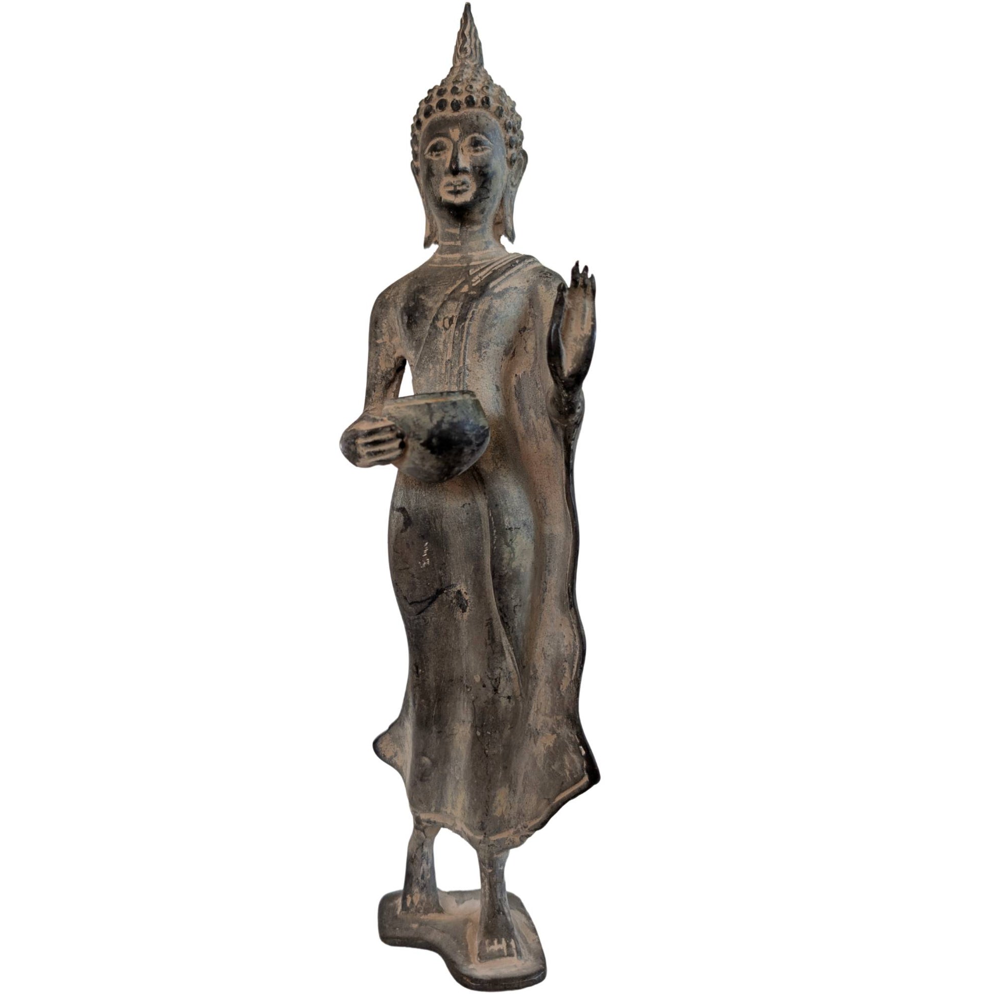 Standing Thai bronze Buddha with alms bowl and Abhaya mudra of 1stbuddha.