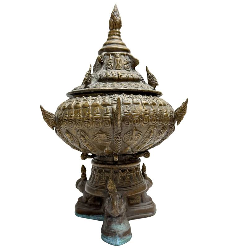 Thai bronze stupa reliquary with inlaid sacred amulet
