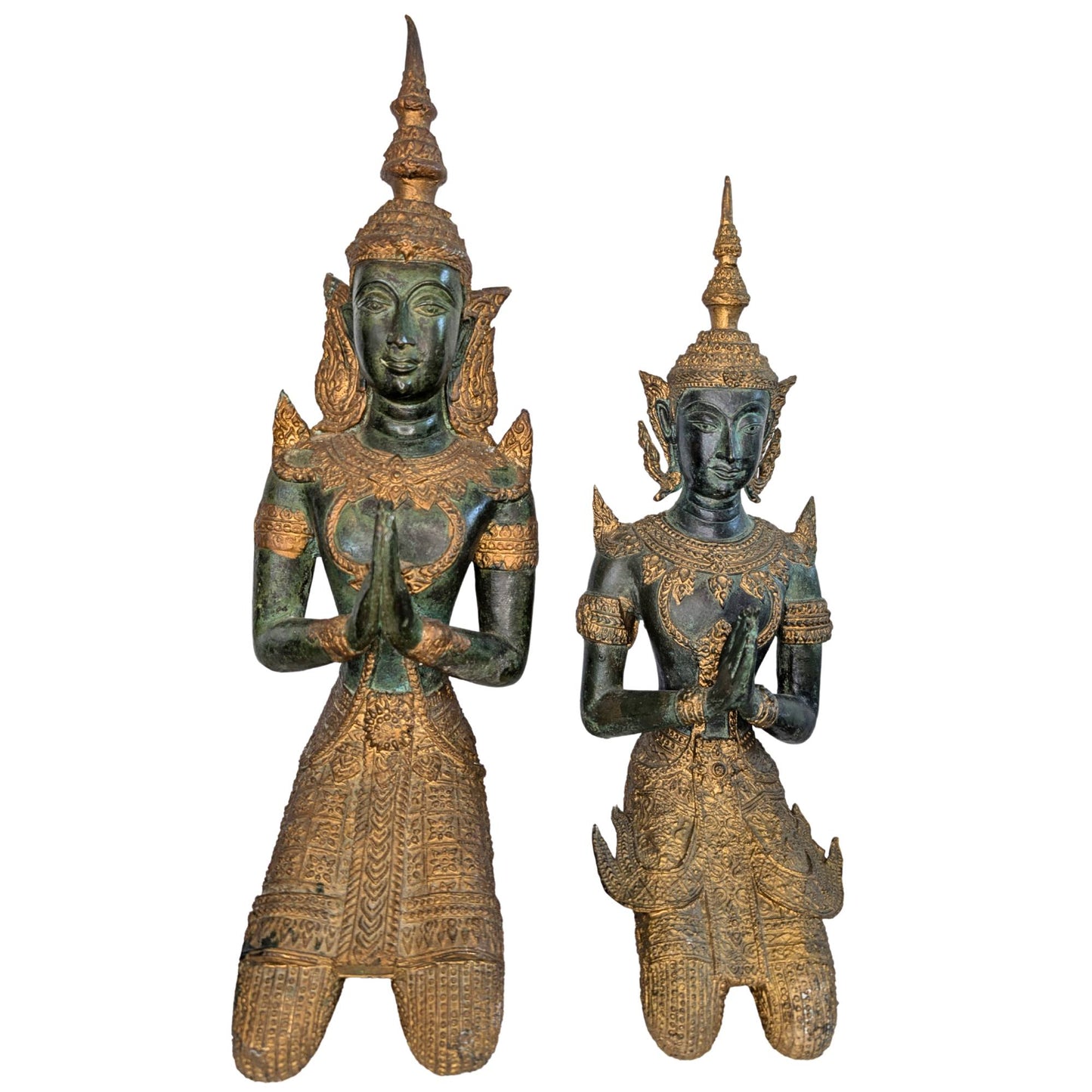 Thai bronze temple guards set Thepanom with gilding and patina