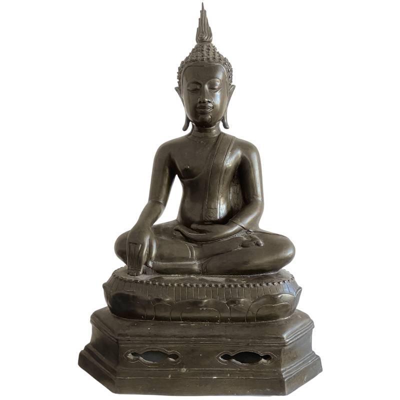 Thai bronze seated Buddha in bhumisparsha mudra with detachable flame-shaped ushnisha