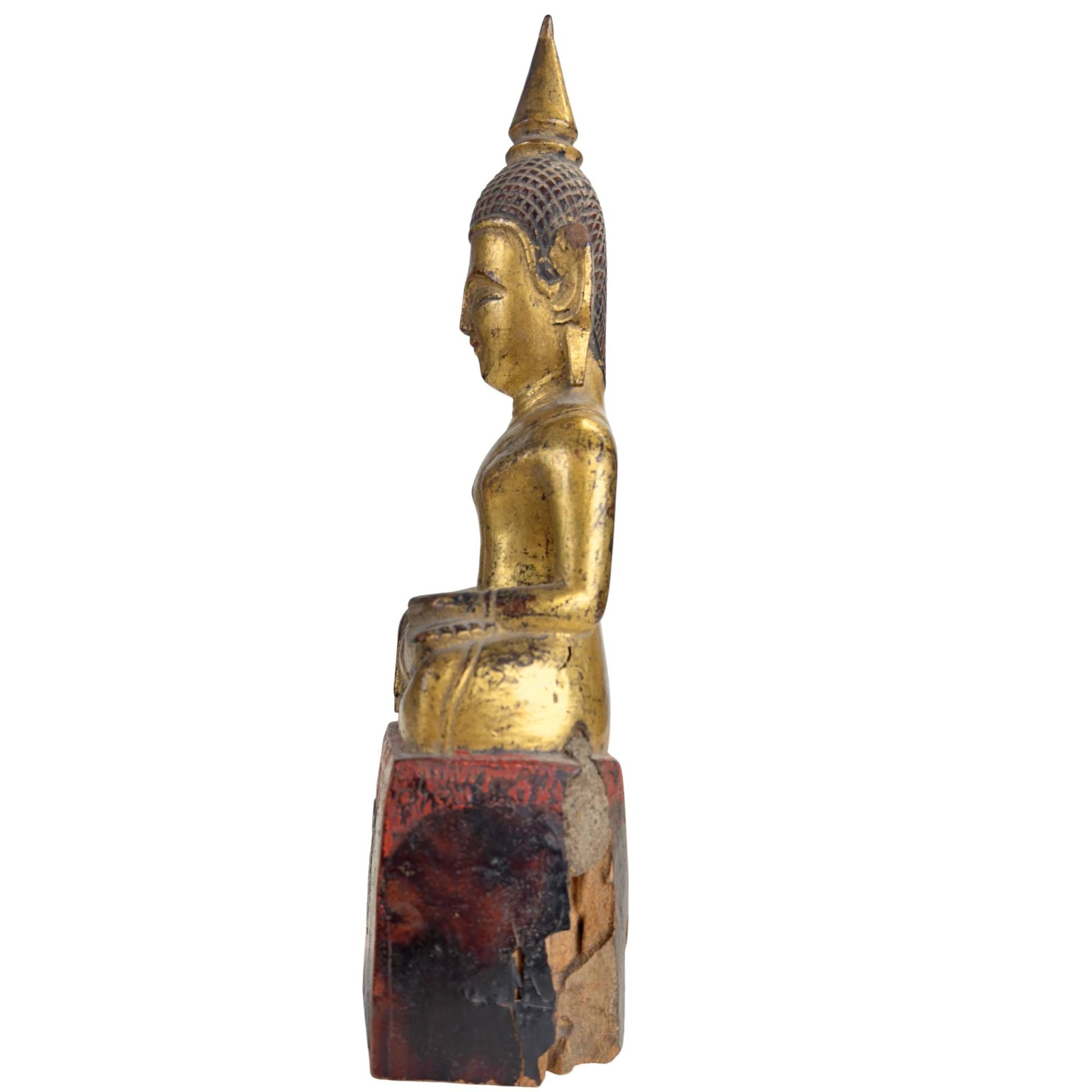 Thai wooden Buddha with red and black temple base, old lacquer layers and visible wood wear