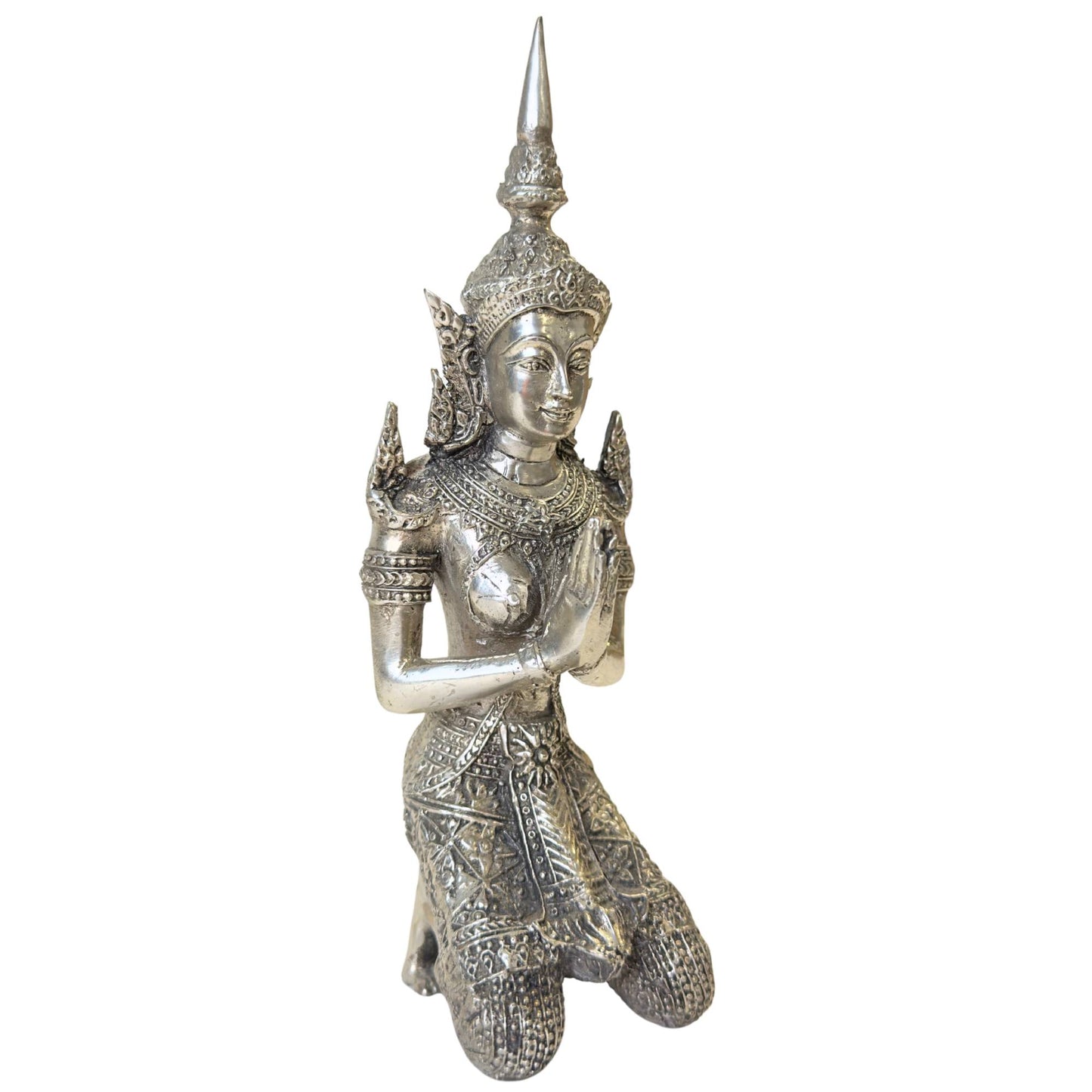 Set of two Thai temple angels with a silver-plated antique-look finish.