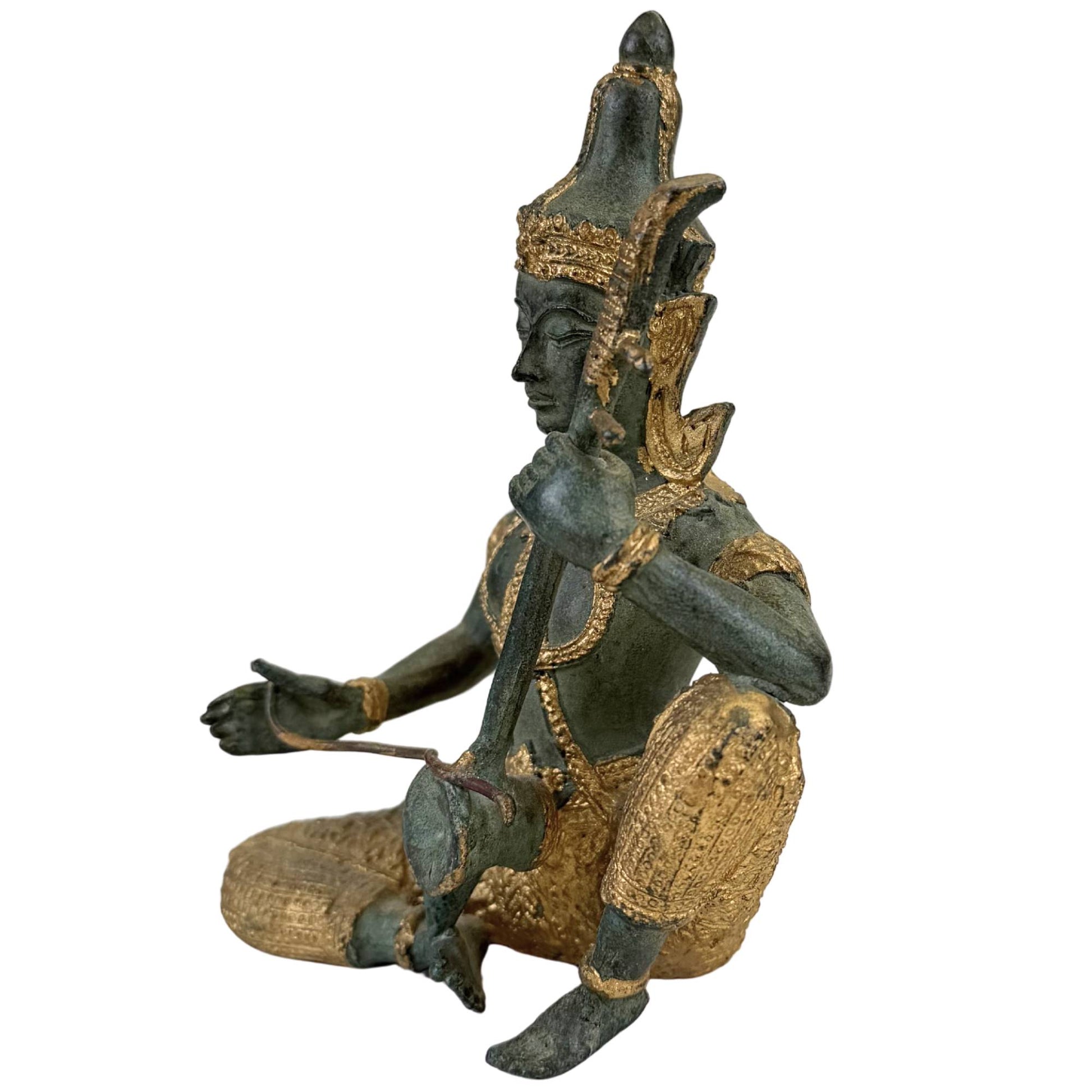 Thai temple musician bronze sculpture traditional drum gold