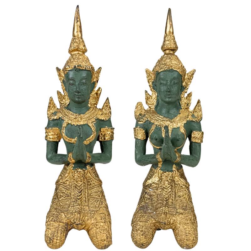 Thai Thepanom figures set gold patina kneeling pair decorative