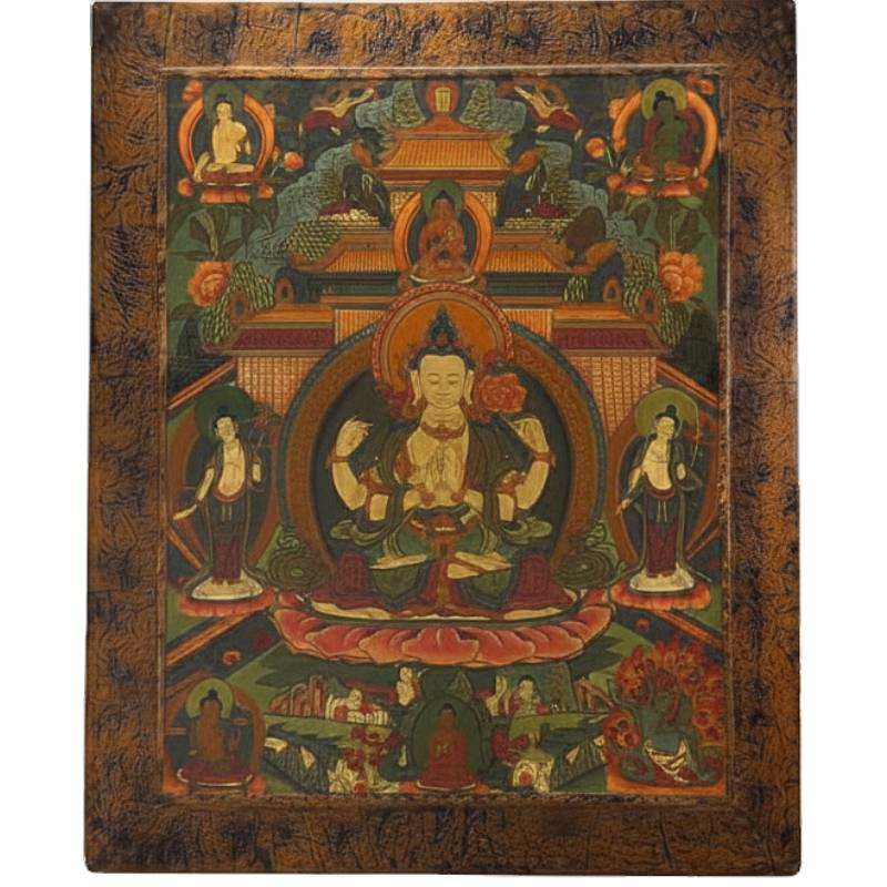 Antique thangka with Avalokiteshvara on a wooden panel, Tibetan painting