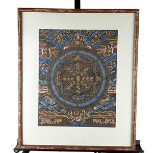 Peinture Thangka mandala tibétaine encadrée – Art mural bouddhiste sacré H 48,5 x L 41 cm
