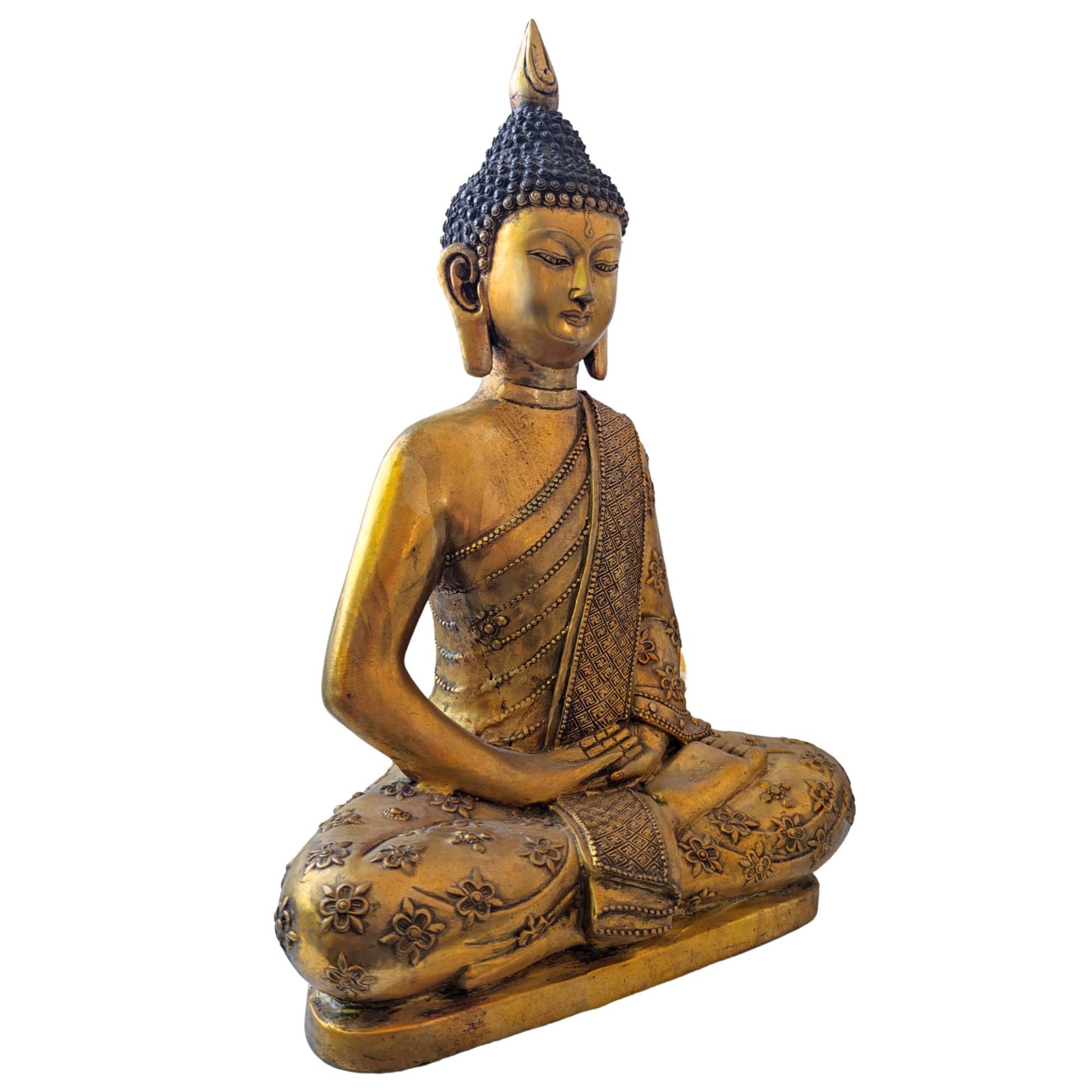 Large Tibetan Buddha statue in meditation pose (dhyana mudra) made of heavy bronze alloy.