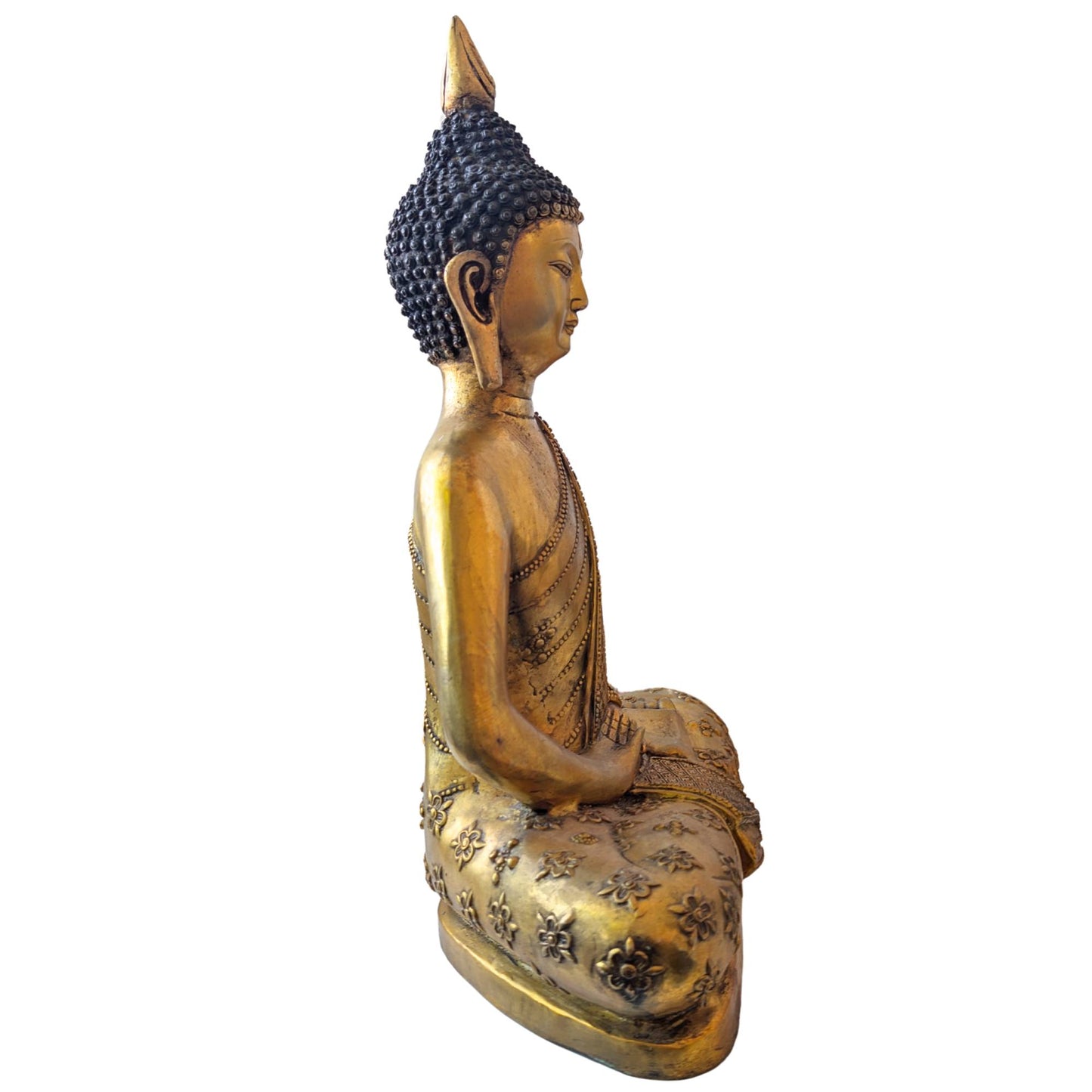 Bronze Tibetan Buddha statue in Dhyana Mudra meditation posture with a richly decorated robe.