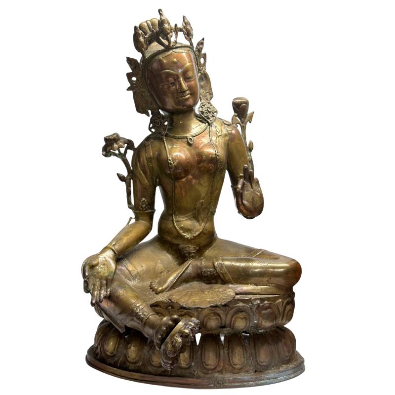 Tibetan bodhisattva statue of Tara in heavy fire-gilded bronze