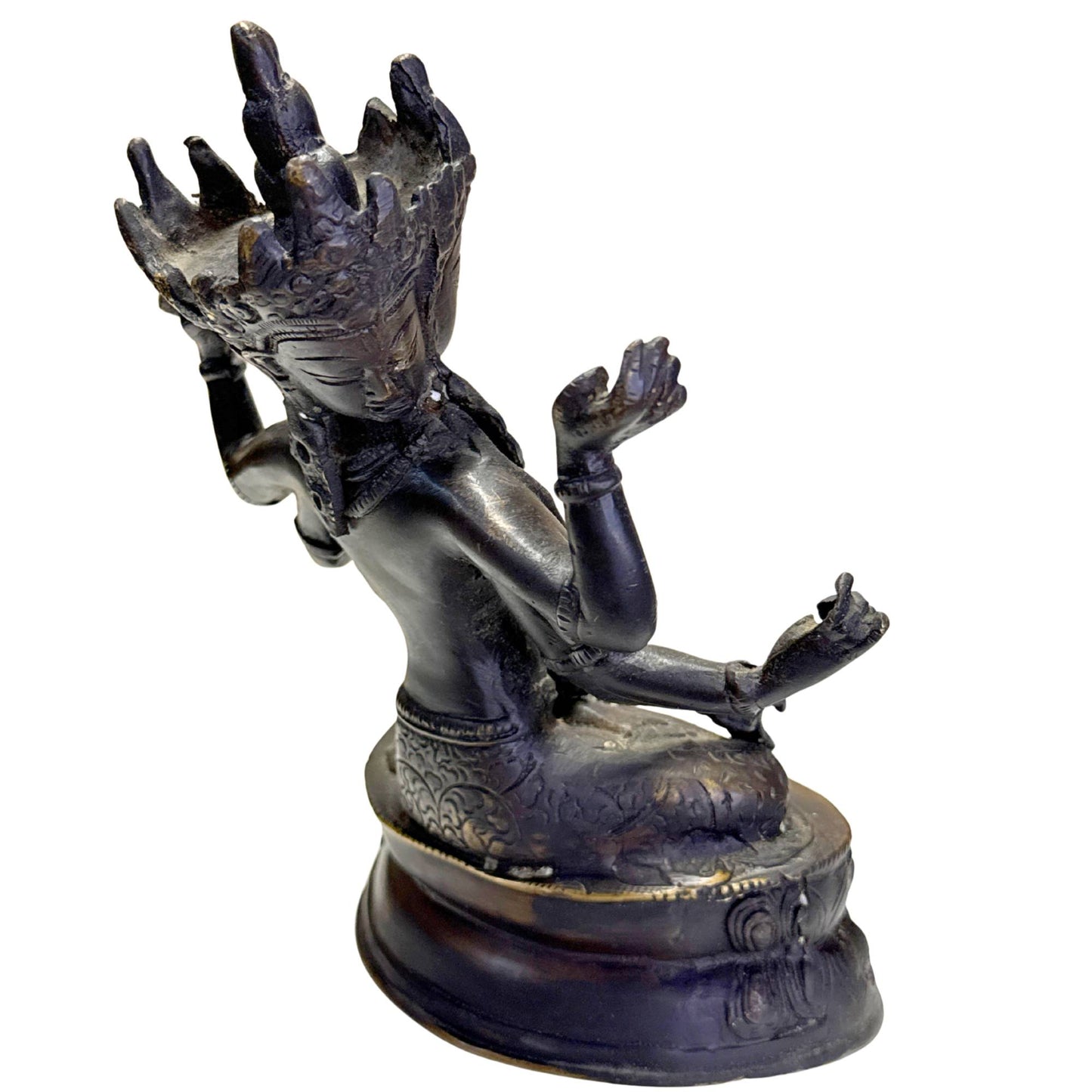 Tibetan Ushnishavijaya statue with old dark patina and remnants of gilding