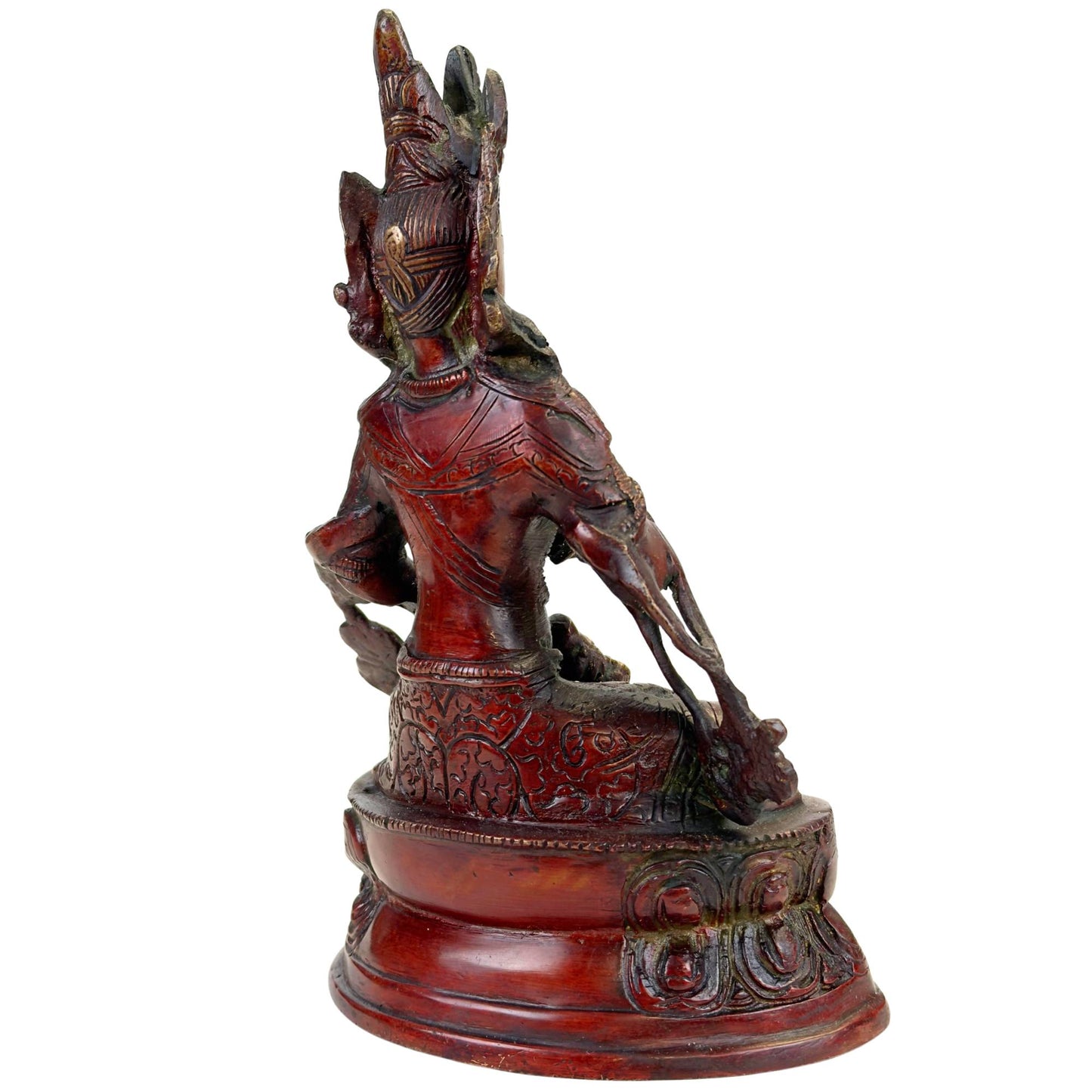 Back of Tibetan Vajrasattva statue with red patina, chased robe lines, and green oxidation.