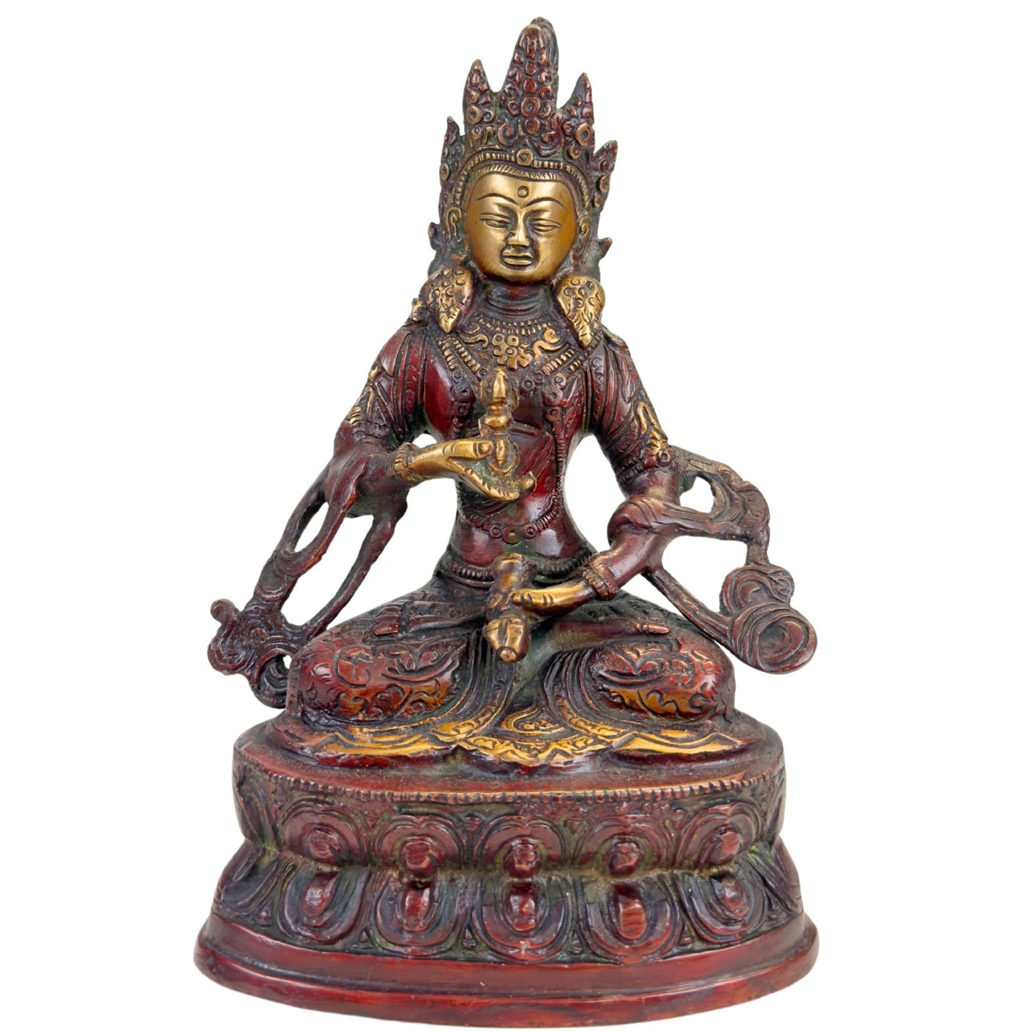 Tibetan Vajrasattva statue of bronze with reddish-brown patina, gilded accents, and lotus base