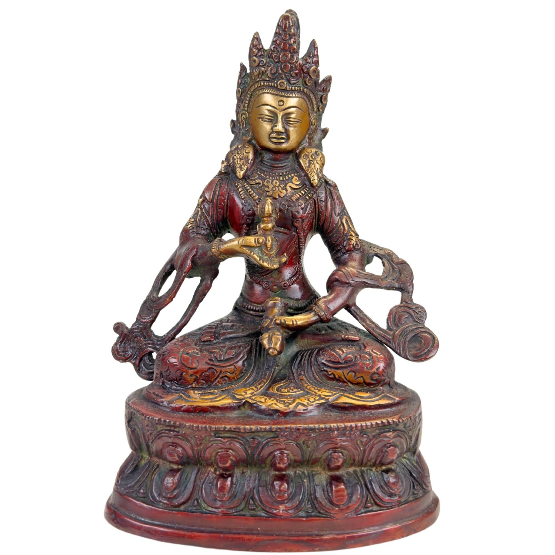 Tibetan Vajrasattva statue of bronze with reddish-brown patina, gilded accents, and lotus base