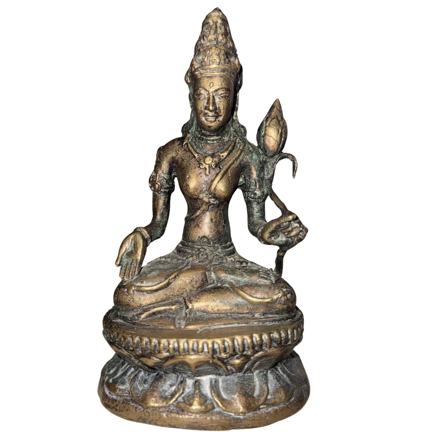 Tibetan Avalokiteshvara of bronze on a lotus base with old oxidation and ritual aura
