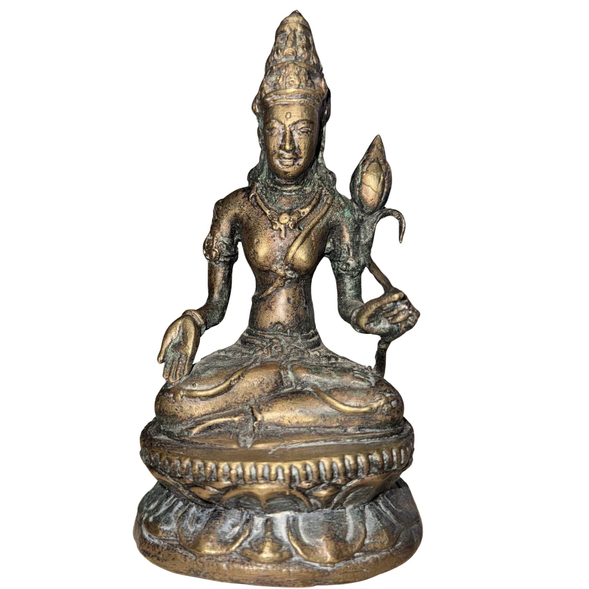 Tibetan Avalokiteshvara of bronze on a lotus base with old oxidation and ritual aura