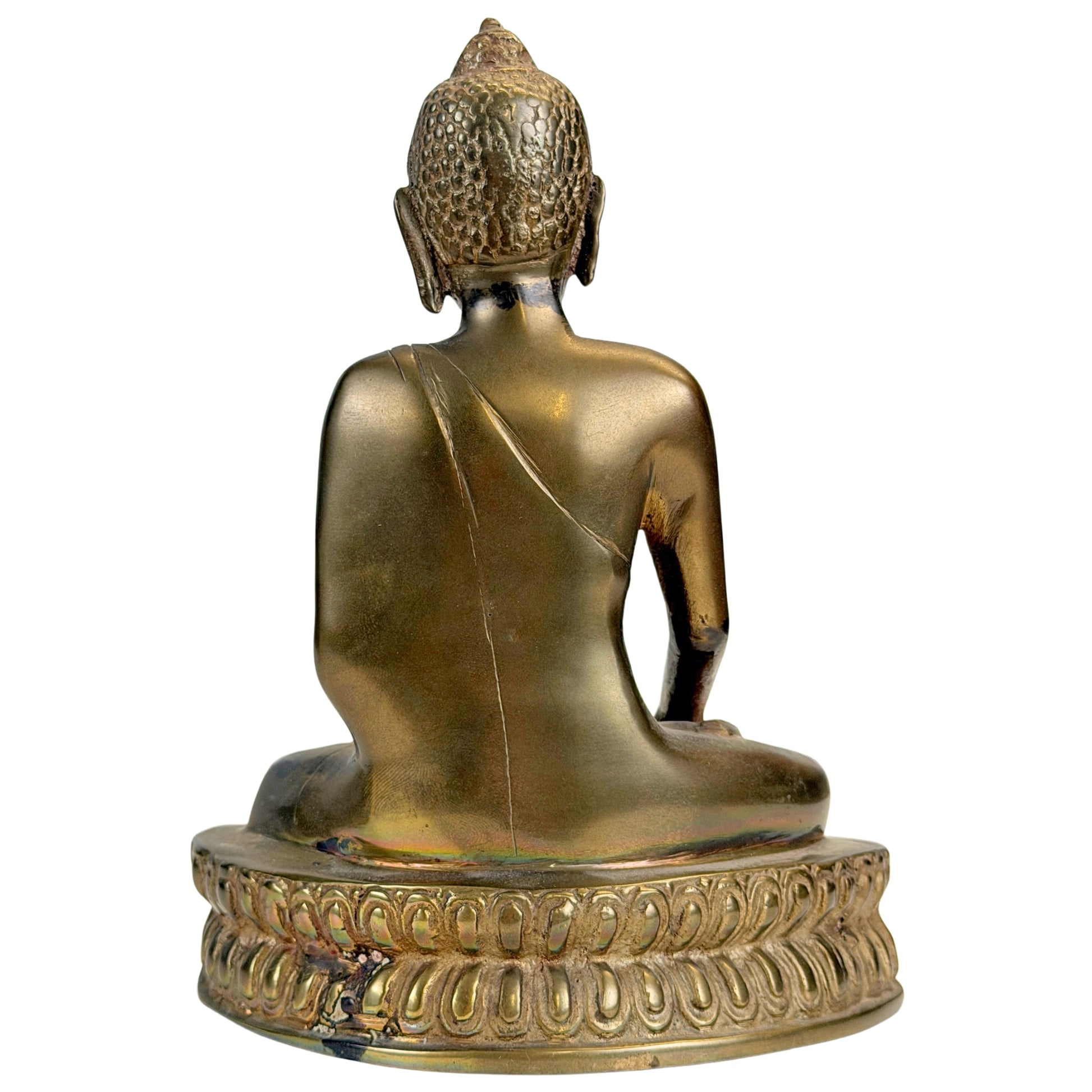 Detail van oude vergulding op Tibetaanse bronzen Boeddha
