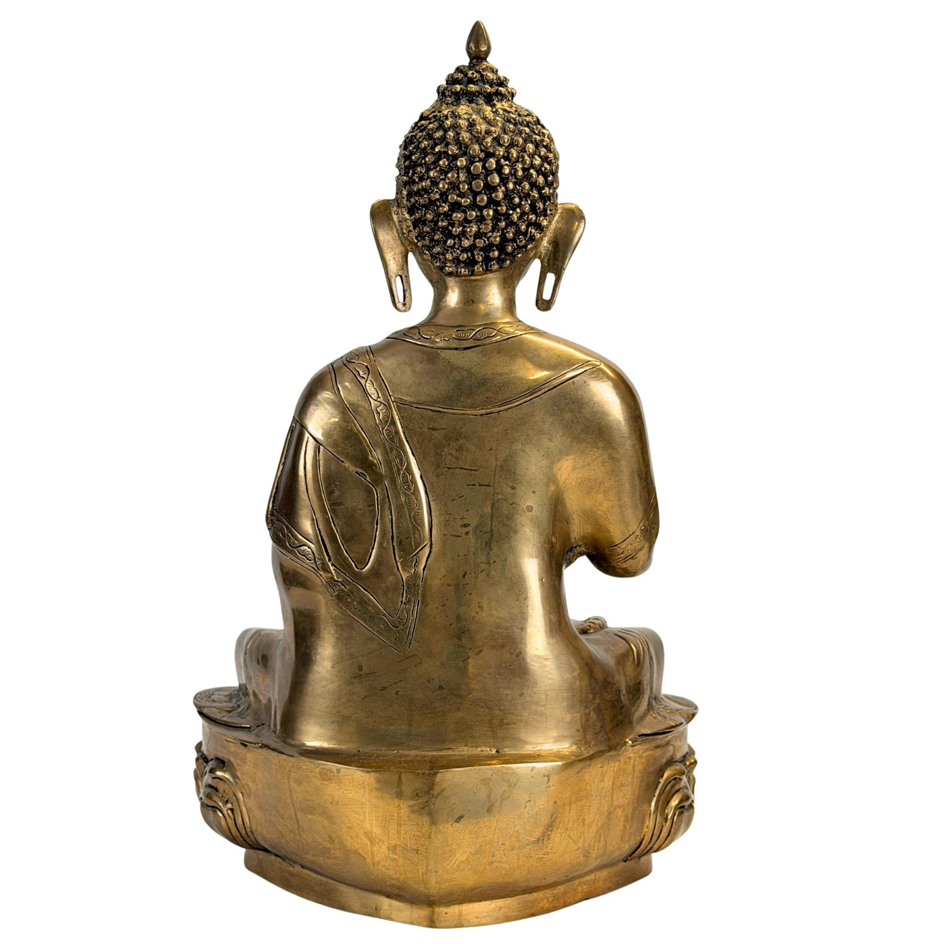 Achteraanzicht van de Tibetaanse Shakyamuni Boeddha en lotusvoet
