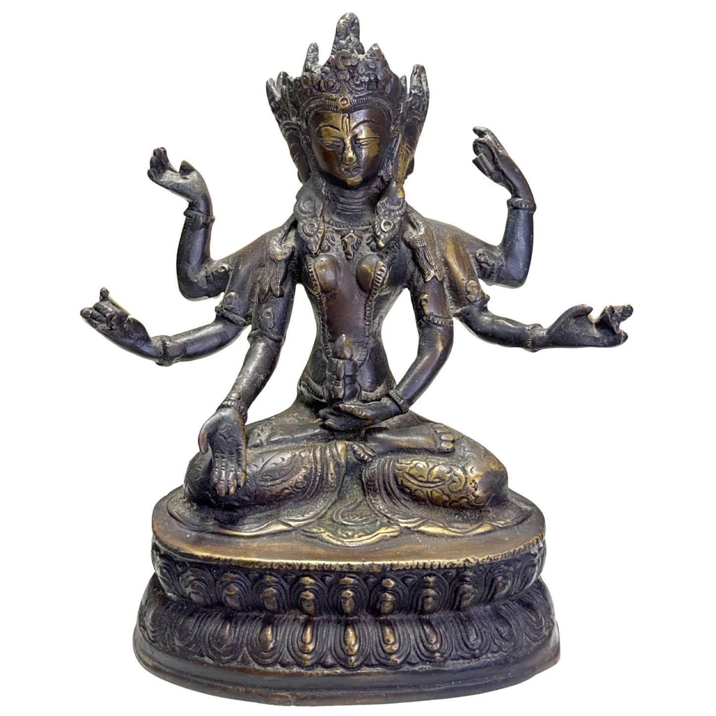 Tibetan Ushnishavijaya goddess in bronze with dark patina and gilded details