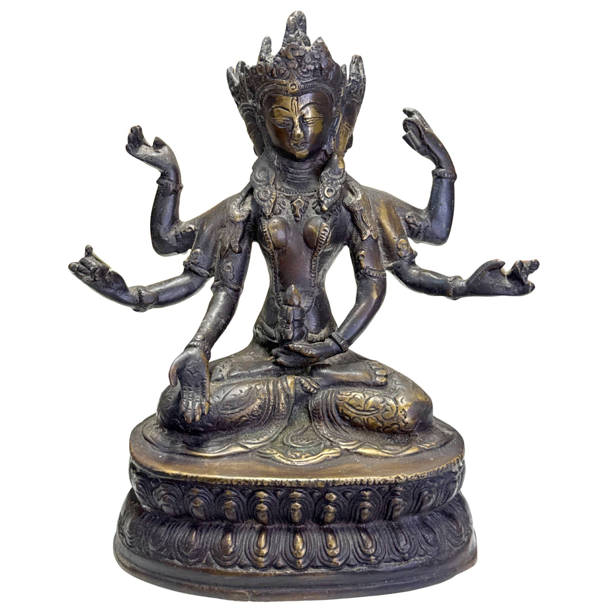 Tibetan Ushnishavijaya goddess in bronze with dark patina and gilded details