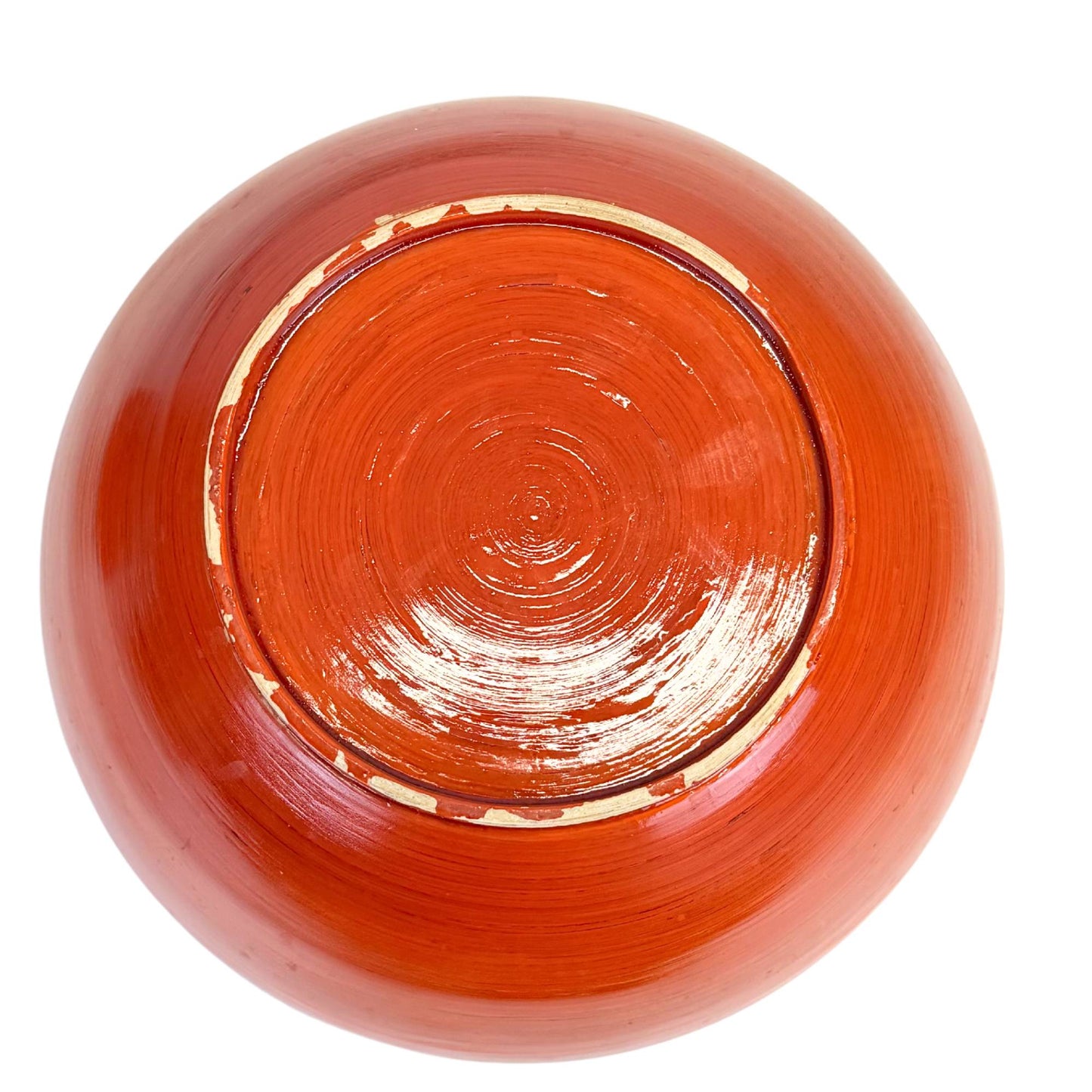 Traditional Burmese lacquer pot in red, handmade offering object with a round shape and black lacquered interior