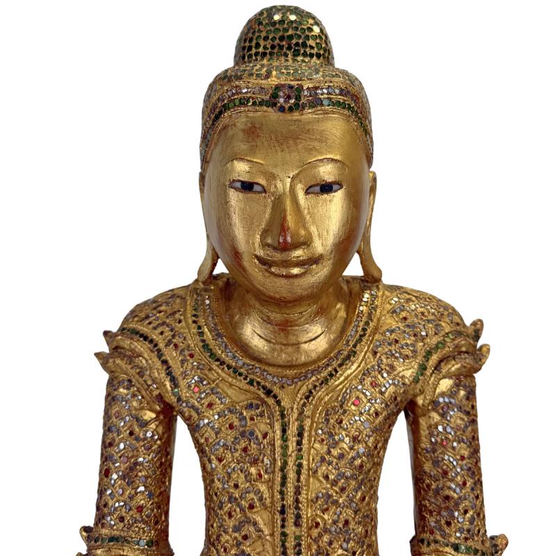Traditional Buddha gold and glass inlay handmade wooden statue