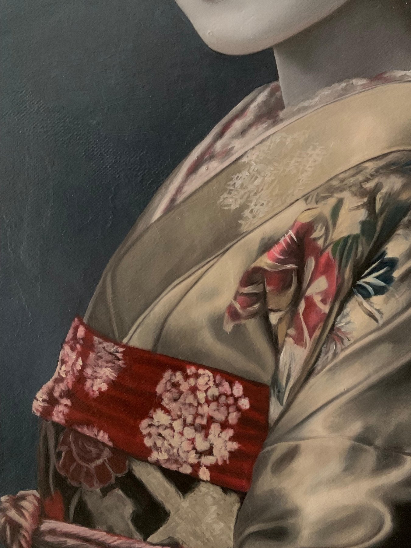 Een Geisha afgebeeld in klassieke Japanse stijl door een Spaanse schilder.