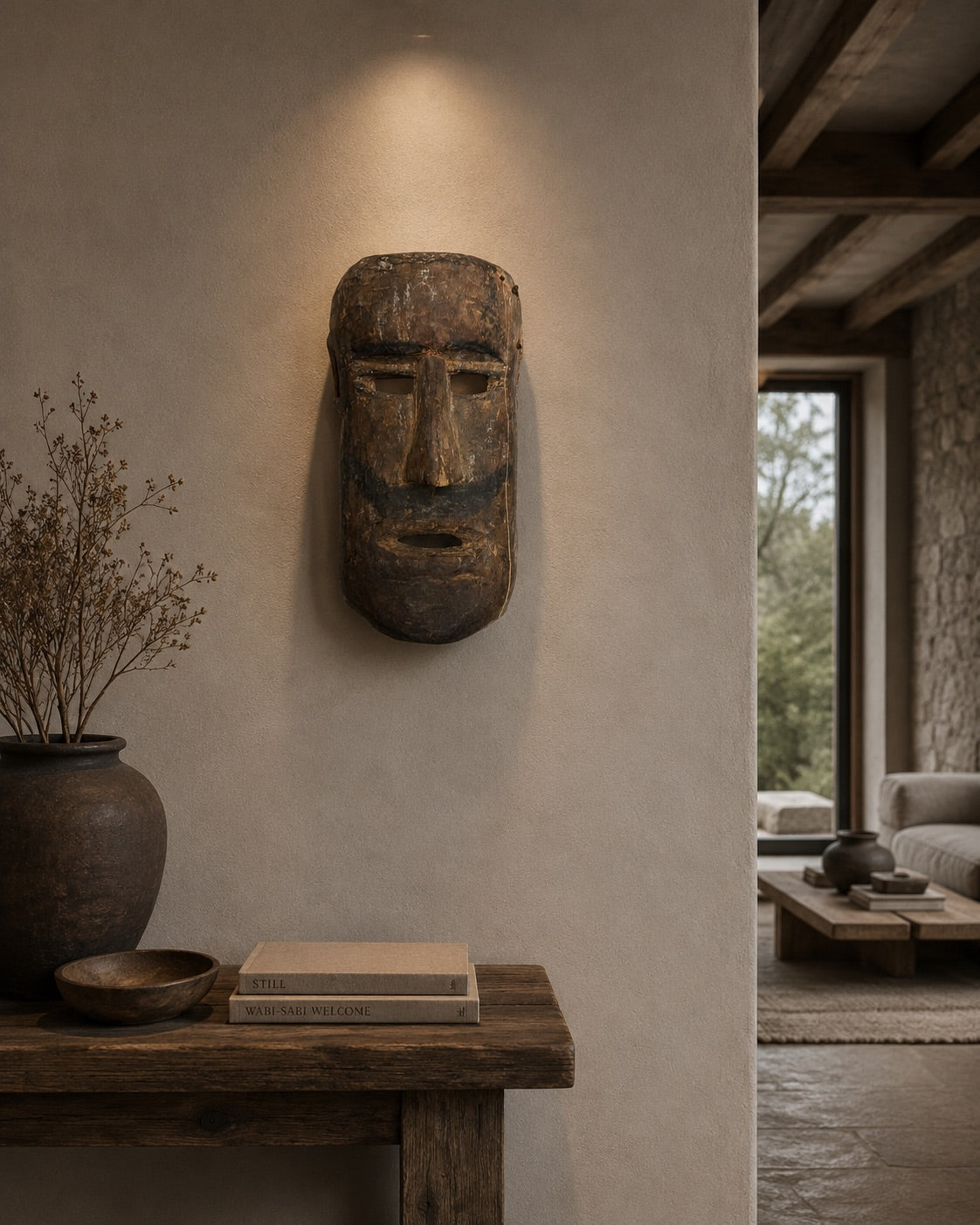 Tribal Himalayan mask, hand-carved wooden shaman mask with incised patterns and authentic wear patina