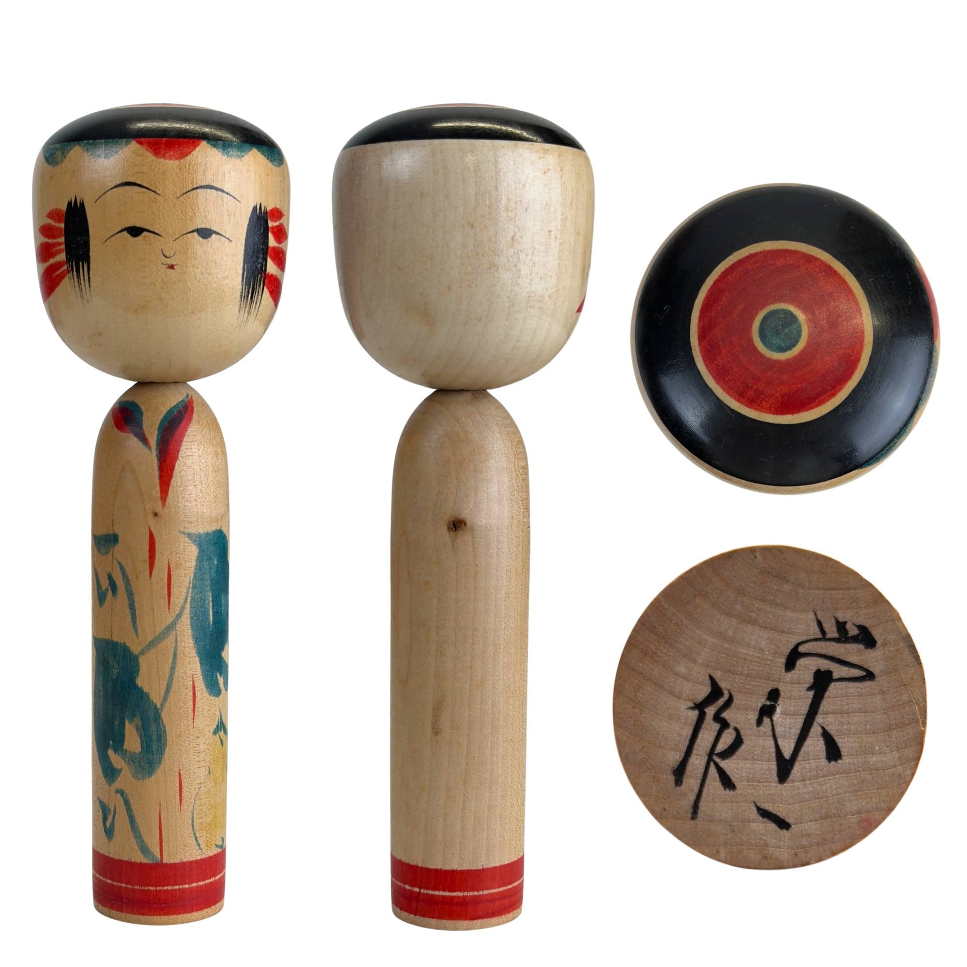 Tsuchiyu Kokeshi by Eisaku Abe, frontal view and side view