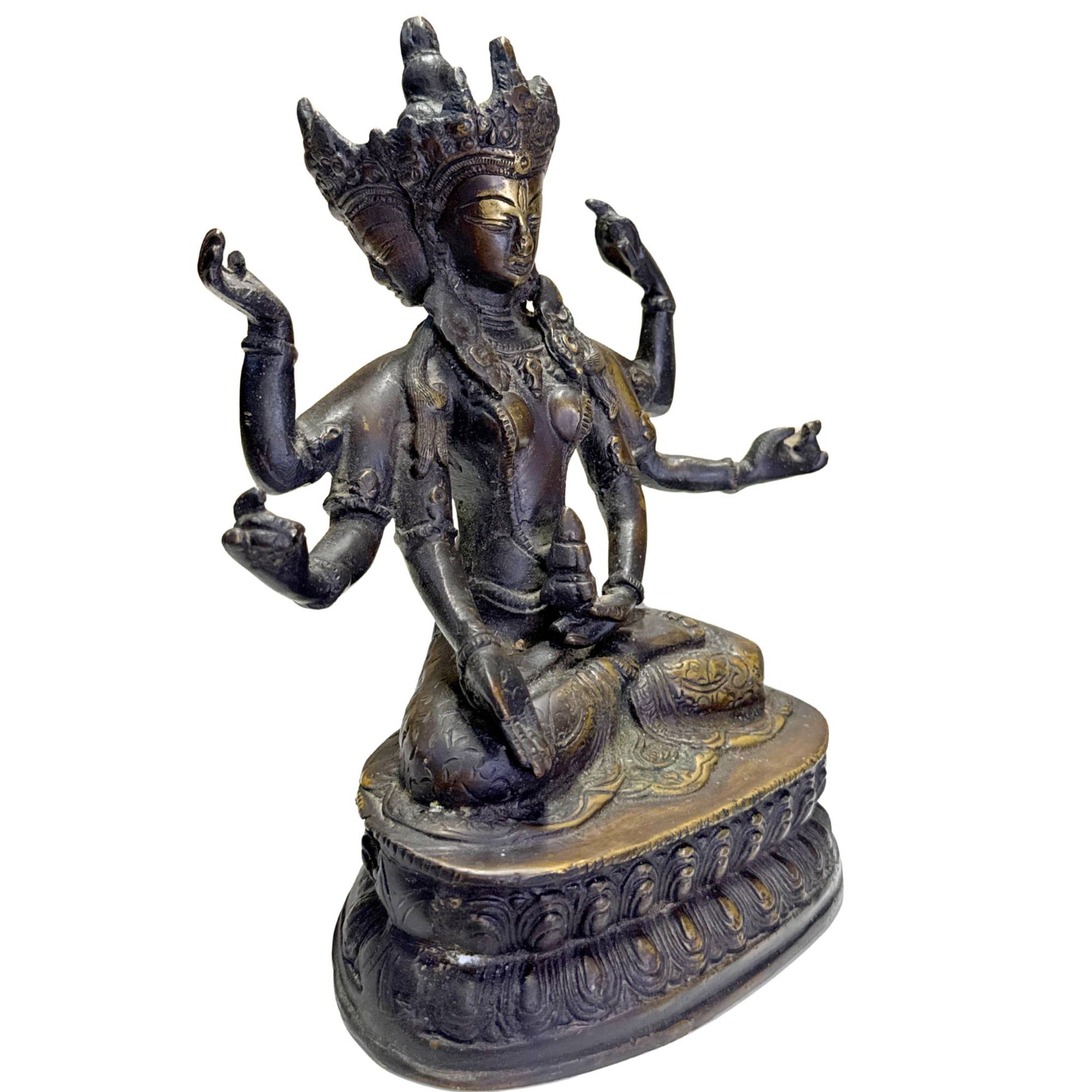 Ushnishavijaya statue from the Himalayan atmosphere with multi-armed iconography and lotus base