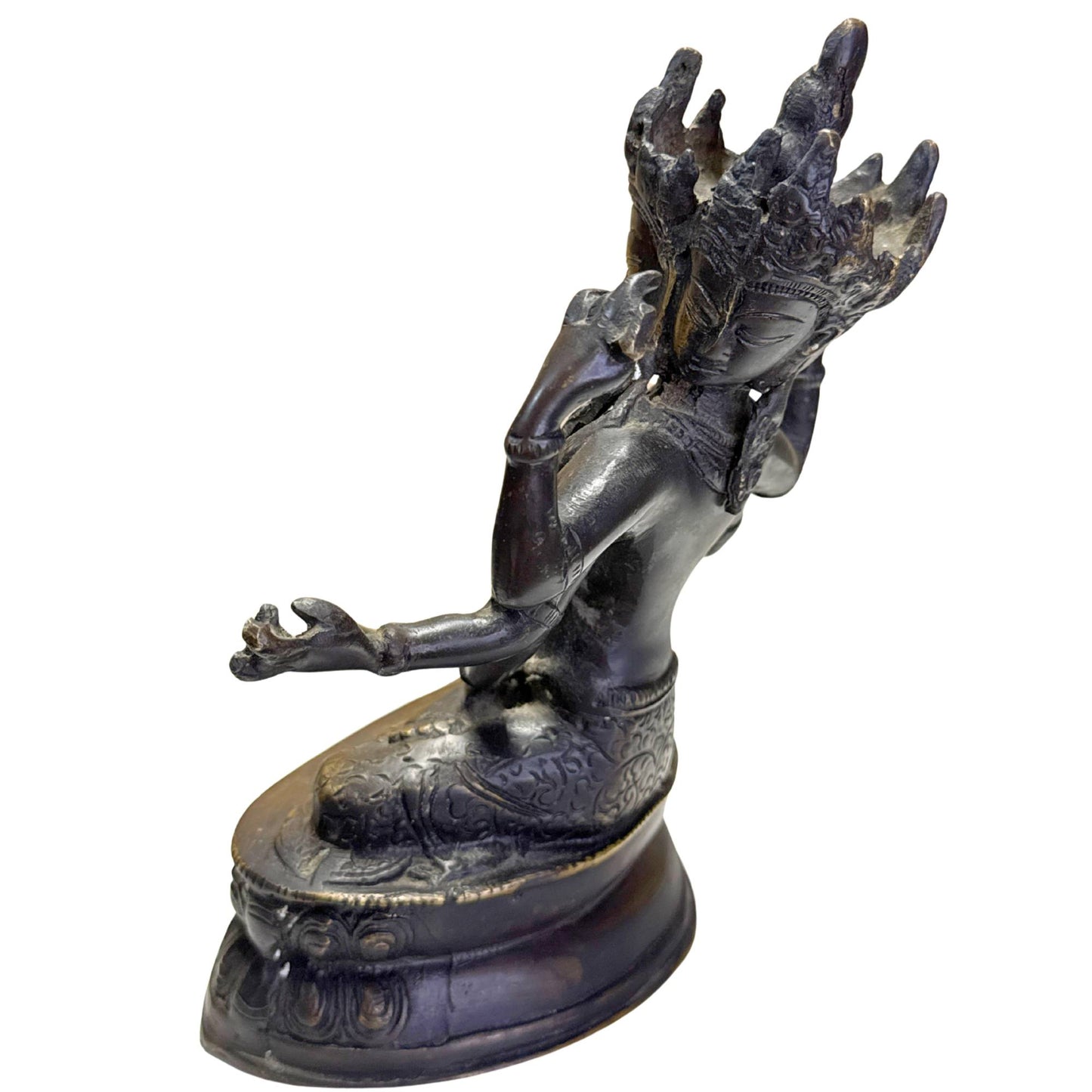 Ushnishavijaya goddess on a lotus base in bronze with an antique bronze-colored finish
