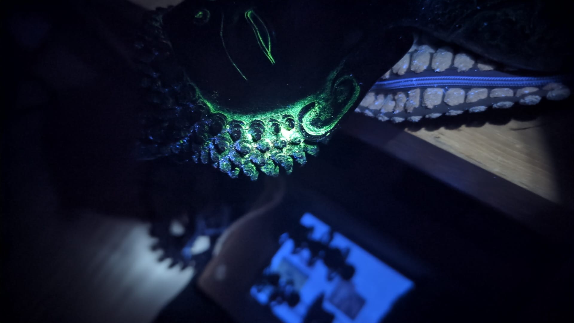 UV light analysis Buddha statue fluorescence organic resins ritual use.