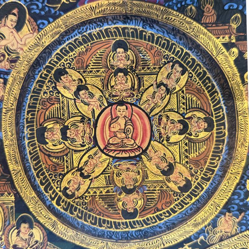 Fine gold linework in Vajradhatu mandala thangka