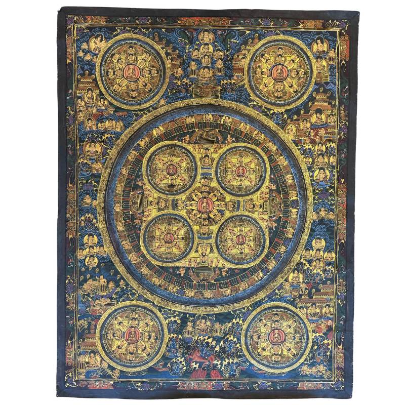 Large Vajradhatu mandala thangka with gold ground and five Buddha figures