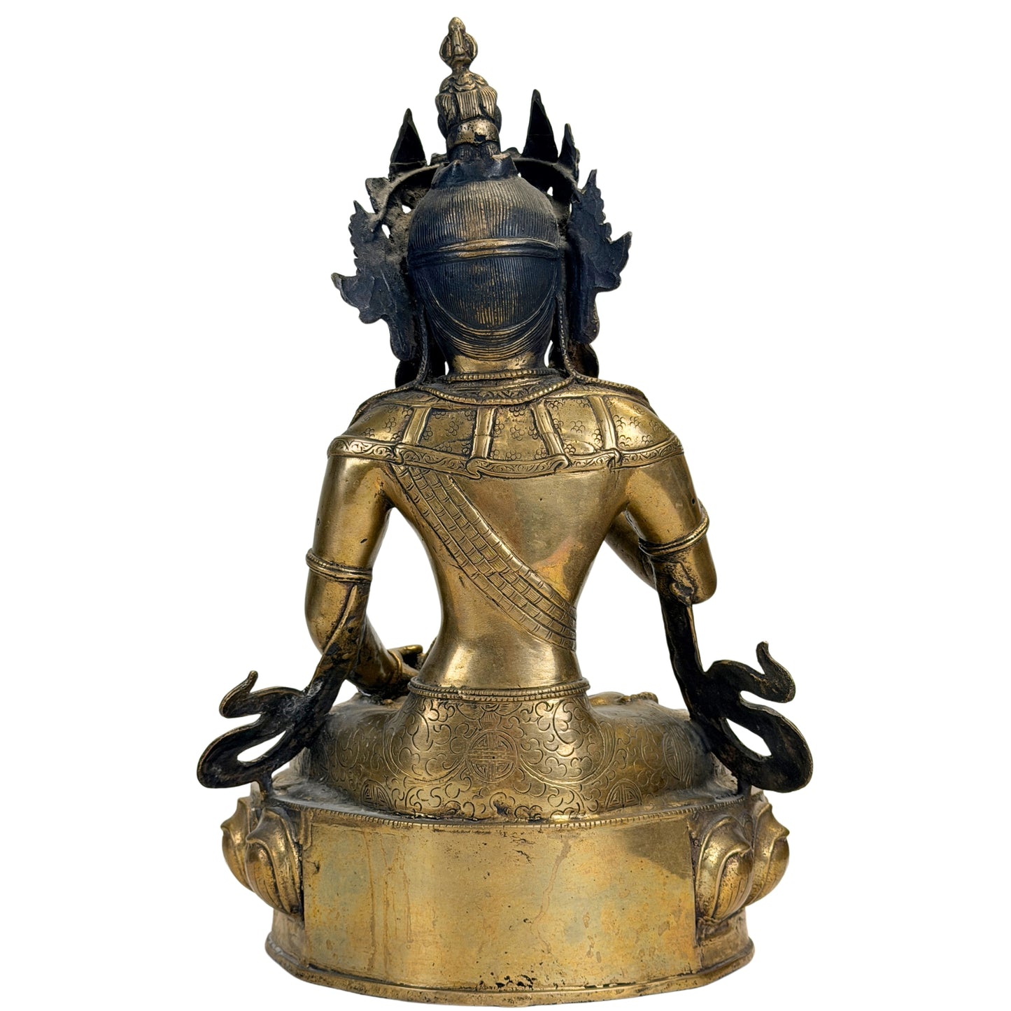 Face arrière du Vajrasattva tibétain monumental avec un habit richement gravé à la main et une dorure à la flamme historique