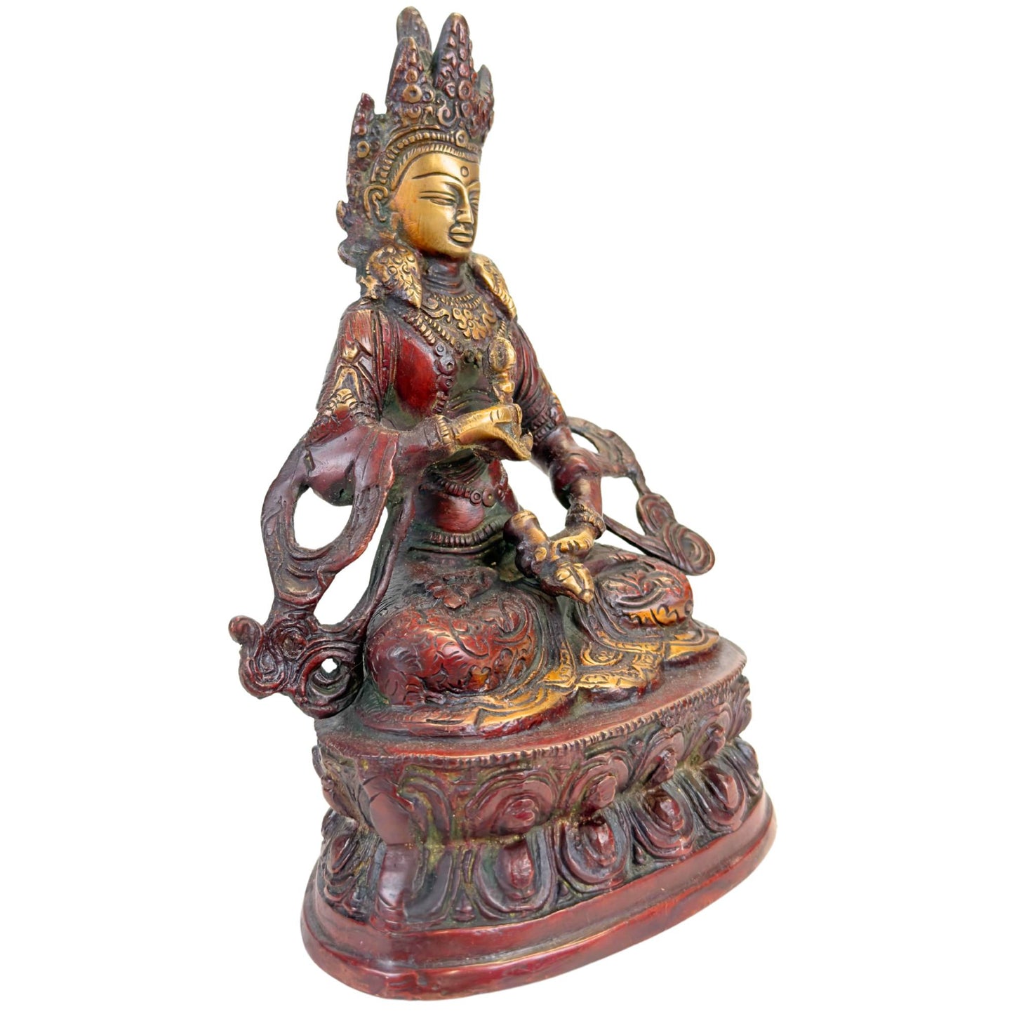 Detail of Vajrasattva face with gilded skin, high crown and finely crafted Himalayan ornamental details