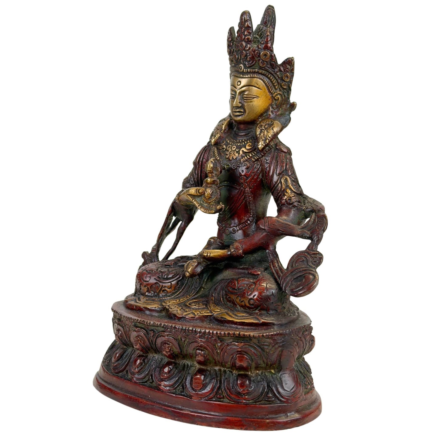 Detail of Vajrasattva crown with gold-colored accents, red patina, and traces of green oxidation