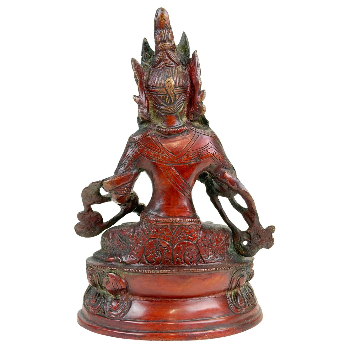 Back of Himalayan Vajrasattva statue with reddish-brown patina, decorative details, and natural copper oxidation