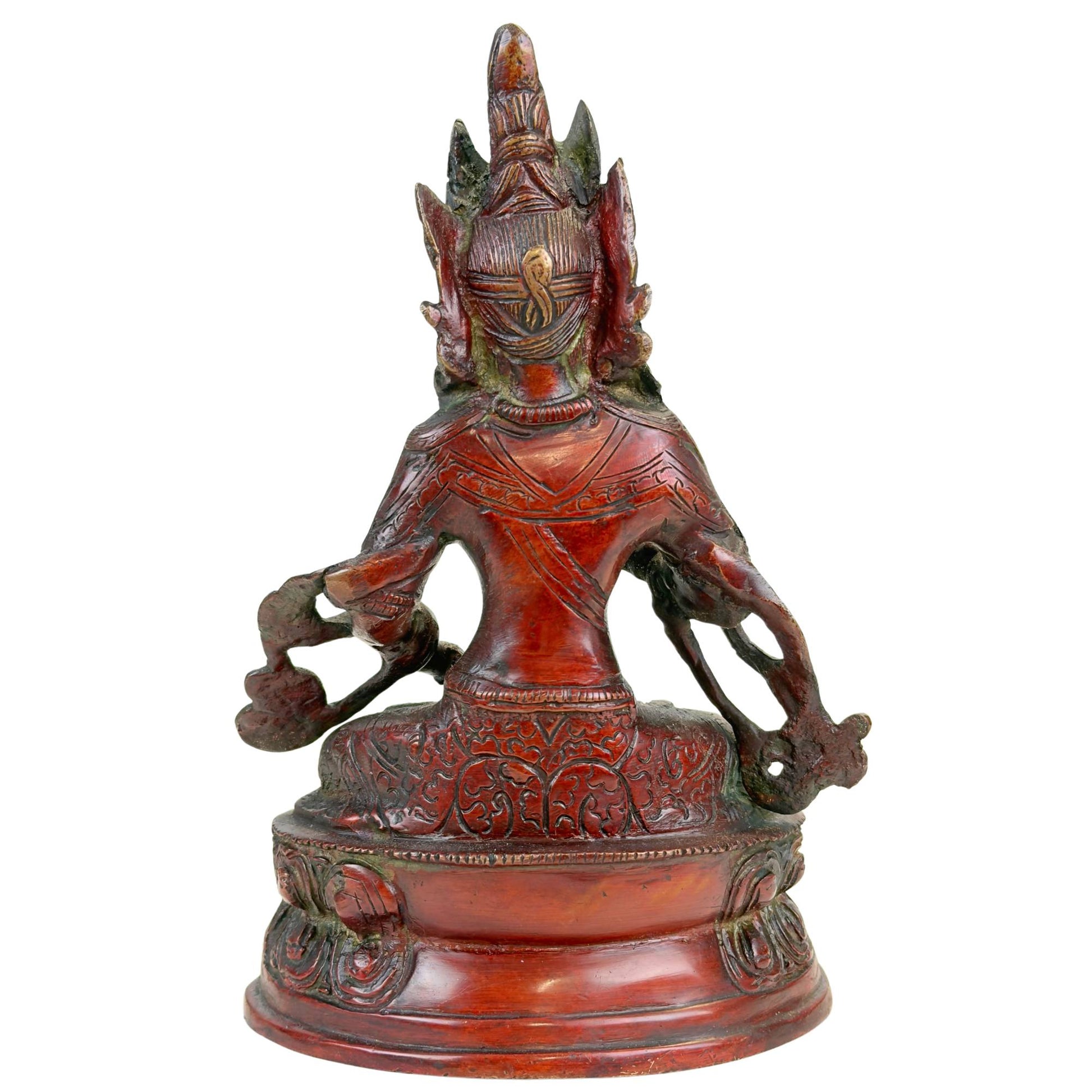 Back of Himalayan Vajrasattva statue with reddish-brown patina, decorative details, and natural copper oxidation