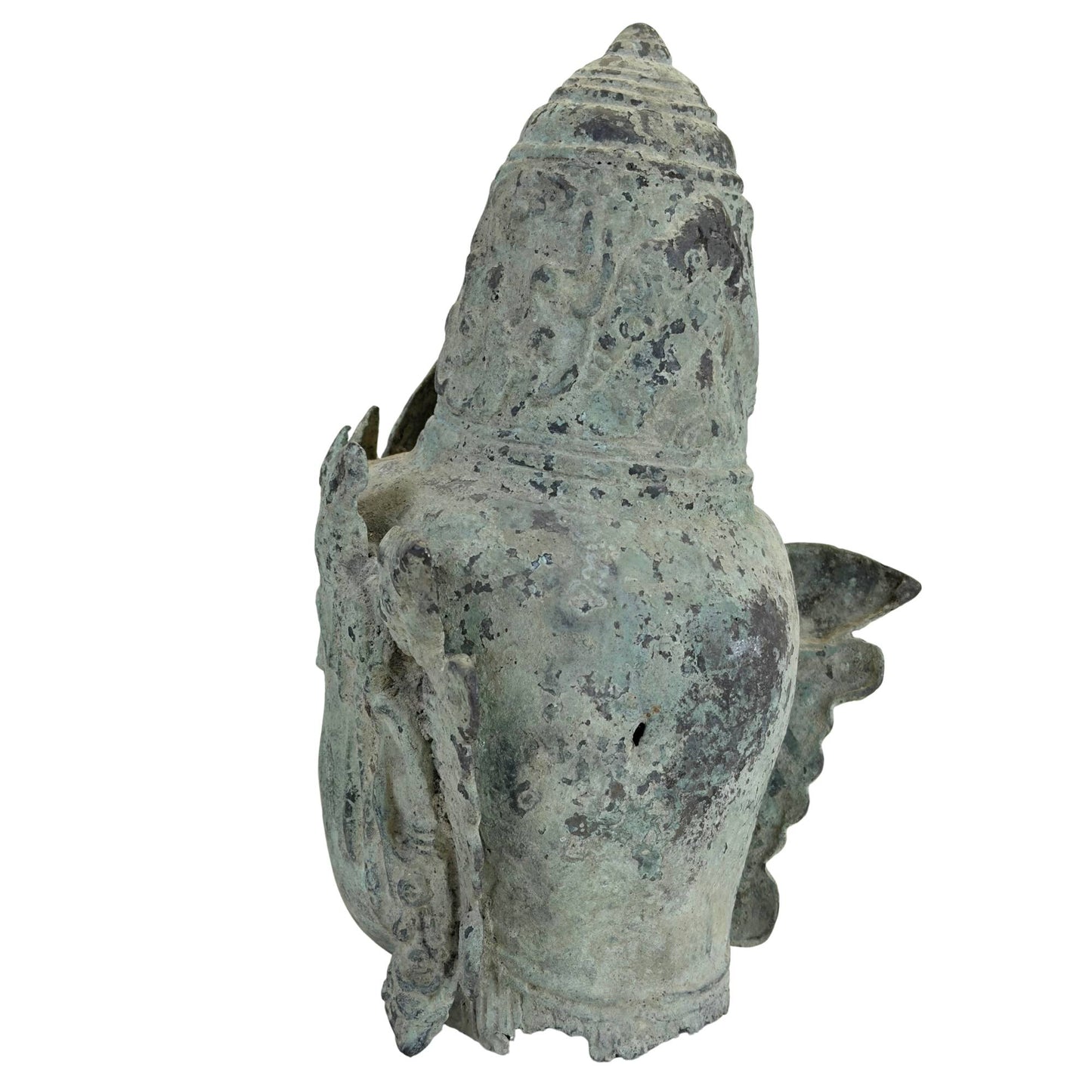 Natural verdigris patina on a bronze Vishnu head from Indonesia