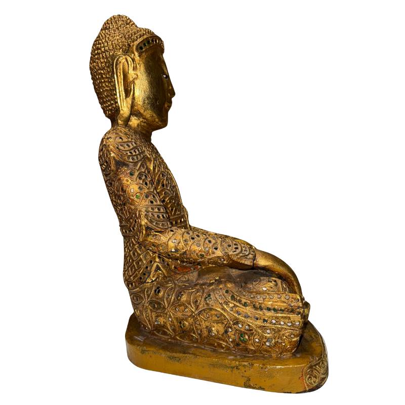 Gilded wooden Buddha statue from Myanmar in bhumisparsha mudra with an antique appearance