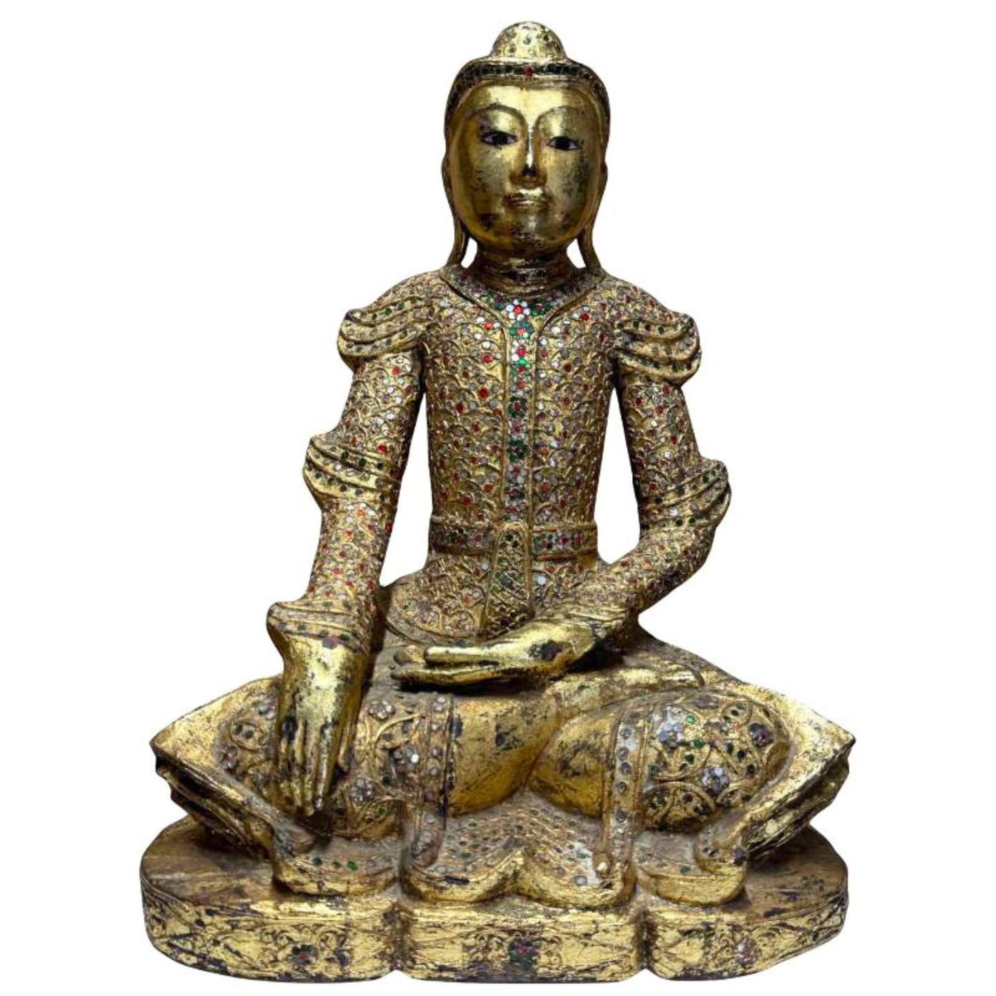 Gilded Mandalay Buddha statue from Myanmar as a symbol of grounding, protection, and enlightenment